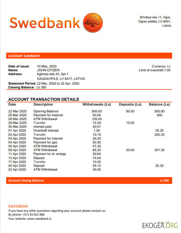 Modèle de relevé bancaire de Lettonie Swedbank, format Word et PDF (.doc et .pdf)